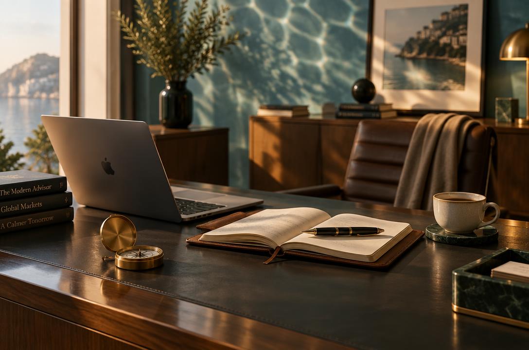 A refined executive desk with a laptop, open notebook, fountain pen, and a cup of coffee